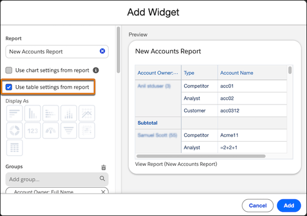 Dashboard Add Widget interface: Use table settings from report checkbox