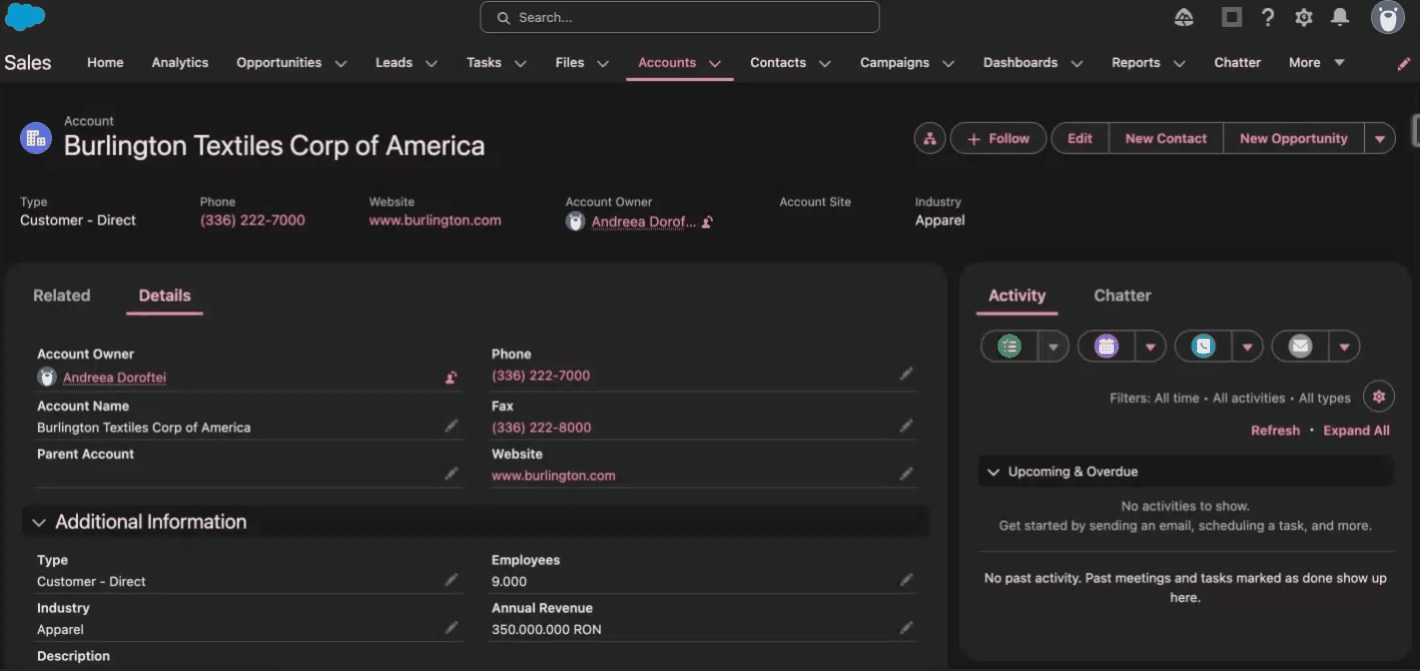Salesforce Dark Mode: Account record page in dark theme
